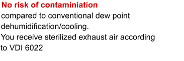 No risk of contaminiation compared to conventional dew point dehumidification/cooling. You receive sterilized exhaust air according  to VDI 6022